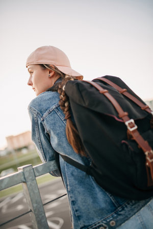 Tourist admires the overview of the sights of the city. Woman with backpack enjoy beautiful city view, traveler mock up top of the city.の写真素材