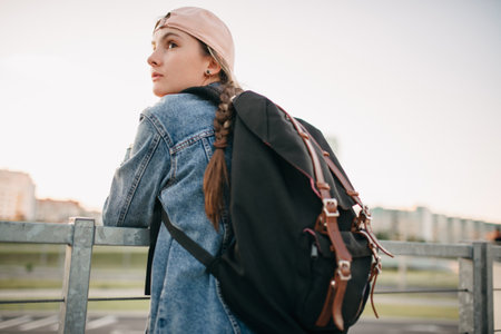 Tourist admires the overview of the sights of the city. Woman with backpack enjoy beautiful city view, traveler mock up top of the city.の写真素材