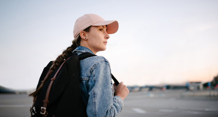 Tourist girl with her backpack looking at city landscape, back view Adventure and travel in the concept . Backpack rear view. Tourism in city.の写真素材