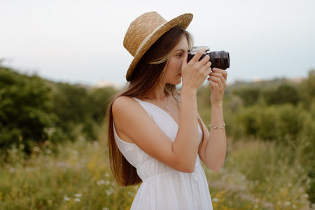 A woman dressed in an elegant white dress along with a stylish straw hat is photographing a stunning...
