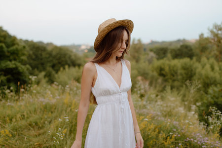 Portrait of a beautiful young woman in white dress and straw hat in the field.の写真素材