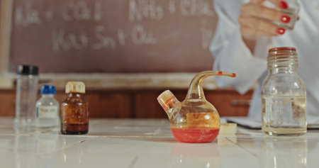 A vibrant and colorful laboratory scene showcasing a variety of glassware and numerous chemicals