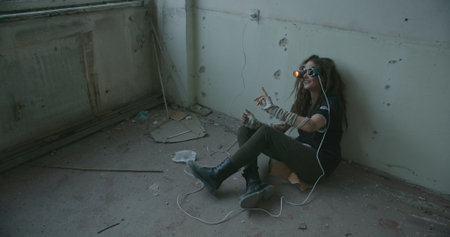 Urban Isolation A Profound Portrait of Solitude Set in a Dilapidated Space Environmentの写真素材