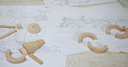 Parts and blueprints for a delightful wooden toy car. Perfect for creative children and hobbyists
