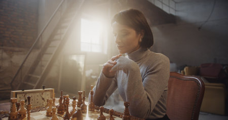 Woman Contemplating Chess Strategy in Soft Sunlight