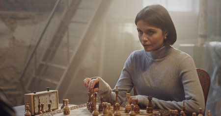 Woman Strategizing Her Chess Move in a Vintage Ambiance