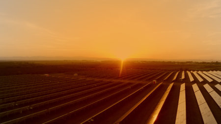 Drone view of solar panels in sunset time