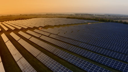 Aerial View of High-Efficiency Solar Power Installation at Sunset