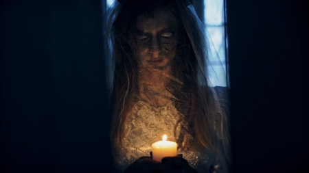 Dead bride Halloween masquerade. Candles for ritual