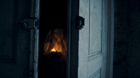 Dead bride with a candle in hand in an abandoned house at night.