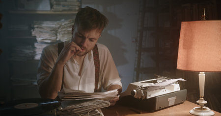 A Pensive Writer Deep in Thought, Surrounded by Vintage Office Decor, Typewriter, and Records