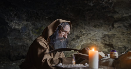 A Mystical Hermit exists within a Candlelit Cave, surrounded by shadows and ancient wisdom