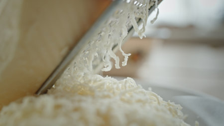A Beautiful CloseUp of Grated Cheese Set Against an Inviting Kitchen Background