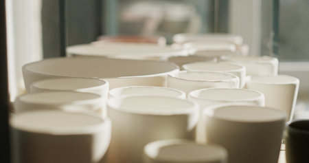 Row of Freshly Molded Ceramic Pots Drying in Sunlit Workshop