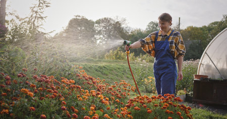 Young Woman Watering Garden Flowers Near Greenhouse