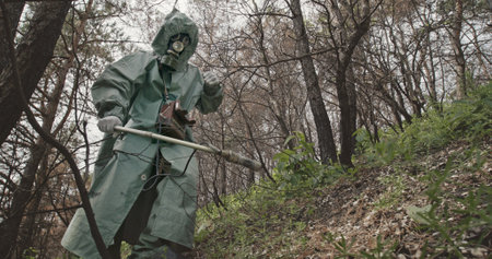 Low angle unrecognizable guy in hazmat suit and gas mask searching for radiation with Geiger counter...