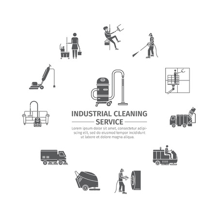 Industrial Cleaning Service. Worker. Vacuum Scrubber. Sweeper Machines. Pictograms set Vector illustrationのイラスト素材