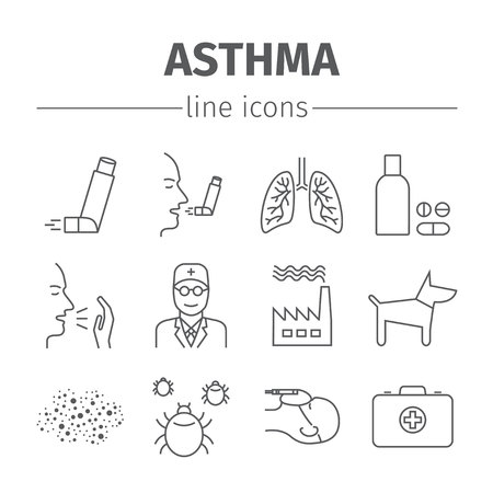 Asthma Symptoms and Symbols. Asthma line icons set.のイラスト素材