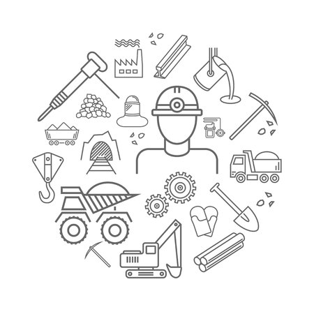 Industry line icons set. Metallurgy and Coal mining sign in a circleのイラスト素材
