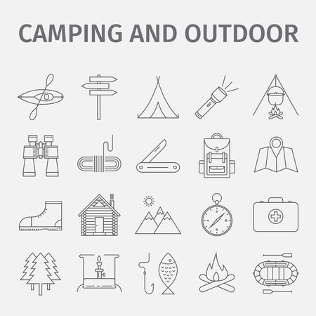 Outdoor recreation. Outdoor activity. Adventure recreation. Tourism. Thin line icon set. Vector illustration.のイラスト素材