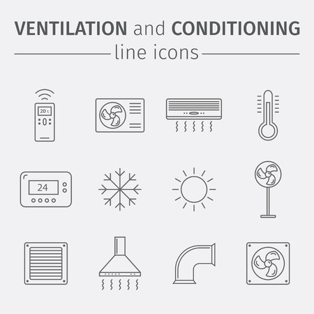 Ventilation and conditioning. Climate control. Thin line icon set.のイラスト素材