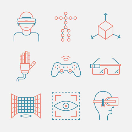 Devices for virtual reality. Immersive multimedia or computer-simulated reality. Linear icons set. Augmented reality.Virtual reality line icon.のイラスト素材