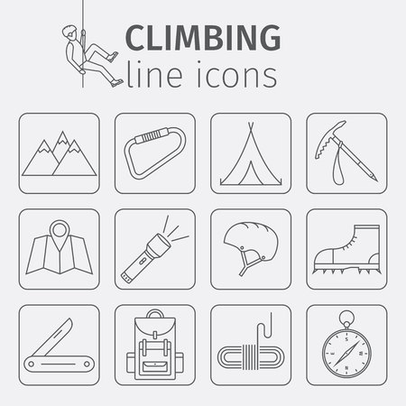 Rock-climbing equipment, climbing, rock climbing, mountaineering, equipment. Thin line icon set. Vector illustration.のイラスト素材