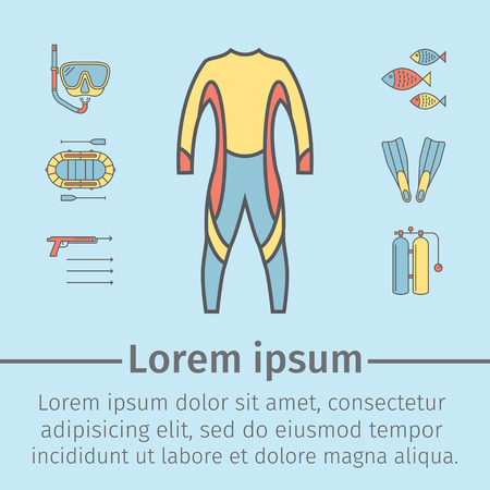 Spear fishing line icon set isolated on blue background. Diving icons. Vector.のイラスト素材