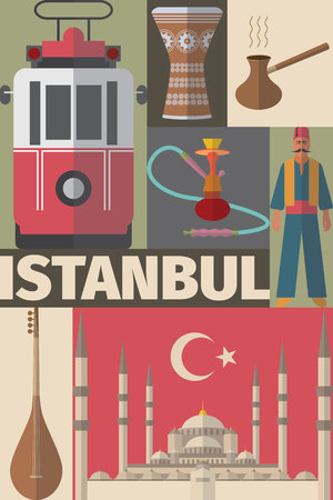 Istanbul arabic Set. Poster with Turkish flat elements. Vector.のイラスト素材