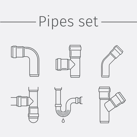 Pipes, valves, plumbing, repair. Thin line icon set.のイラスト素材