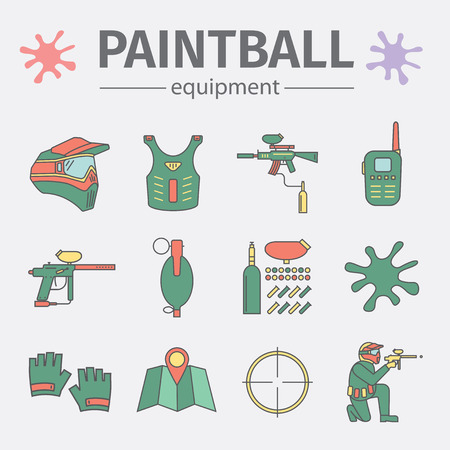 Paint-ball equipment. Colored icons set isolated on white background. Modern flat design.のイラスト素材