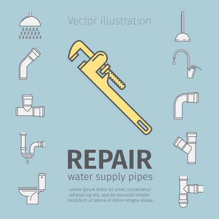 Repair, plumbing work, plumbing systems, plumber tool, sewage. Thin line icon set.の写真素材