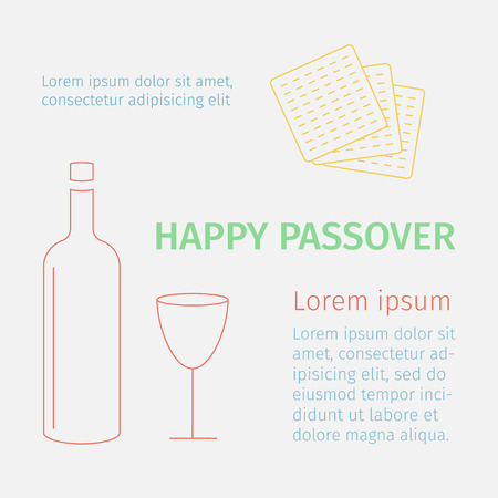 Happy Passover background with wine and matzoh. Line illustration.の写真素材