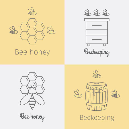 Set of bee honey logos. Thin line icons set. Vector.の写真素材