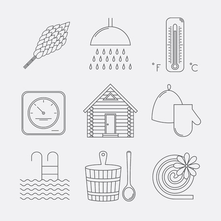 Set of sauna icons. Illustration of russian banya elements.のイラスト素材