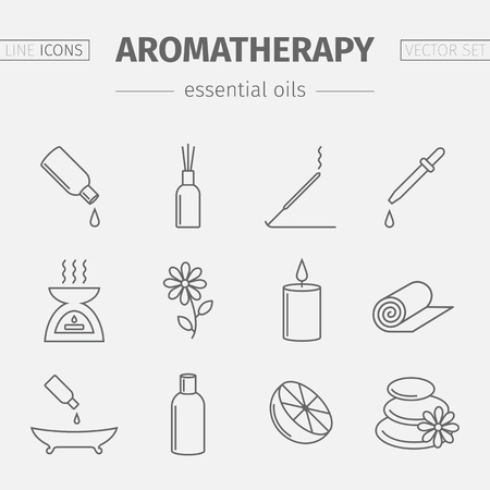 Essential Oil line icon. Aromatherapy oils set. Vector illustration.のイラスト素材