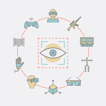 Devices for virtual reality . Immersive multimedia or computer-simulated reality. AR glasses and head-mounted display. Linear icons set.のイラスト素材