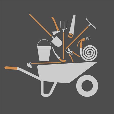 Set of tools for farmers farming. Tool in a wheelbarrowのイラスト素材