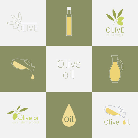 Olive oil label collection. Vector graphic set with olive oil, bottle, drop.のイラスト素材