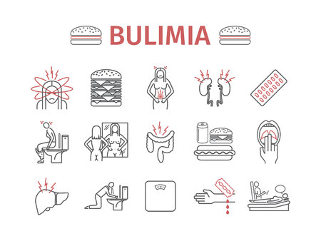Bulimia. Symptoms, Treatment. Line icons set. Vector signsのイラスト素材