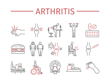 Arthritis. Symptoms, Treatment. Line icons set. Vector signsのイラスト素材