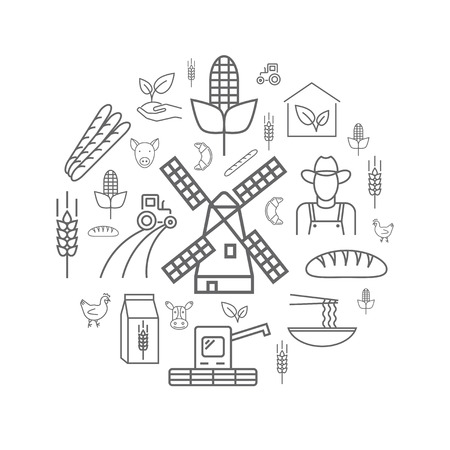 Wheat production. Eco poster. Line icons set. Vector signsのイラスト素材