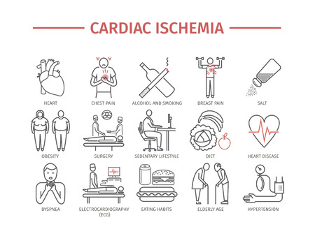 Cardiac ischemia. Symptoms, Treatment. Line icons set. Vector signsのイラスト素材