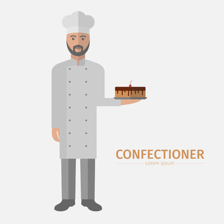 Pastry chef character, confectioner holding plate with cake.のイラスト素材