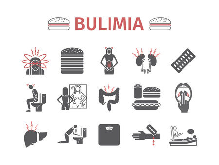 Bulimia. Symptoms, Treatment. Icons set. Vector signs.のイラスト素材