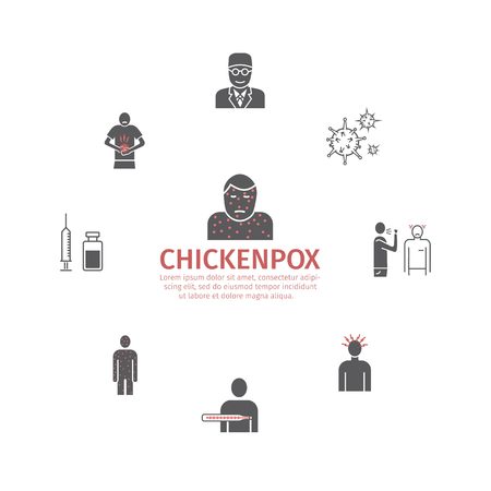 Chickenpox. Symptoms, Treatment. Icons set. Vector signs for web graphics.のイラスト素材