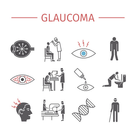 Glaucoma. Symptoms, Treatment. Flat icons set. Vector signsのイラスト素材