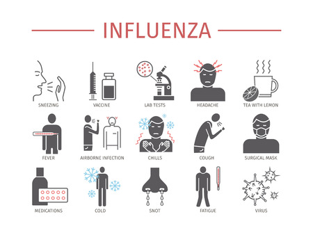 Influenza. Flu Symptoms, Treatment. Flat icons set. Vector signsのイラスト素材