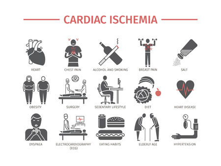 Cardiac ischemia. Symptoms, Treatment. Icons set. Vector signsのイラスト素材
