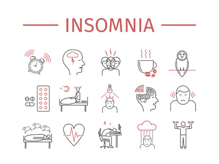 Insomnia, Symptoms. Line icons set. Vector signs for web graphics.のイラスト素材